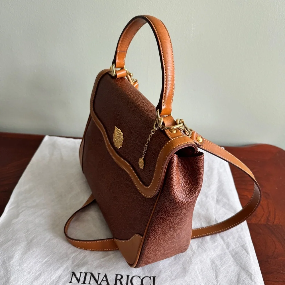 Nina Ricci Two-Tone Brown & Tan Leather Top-Handle Satchel with Shoulder Strap - Picture 5 of 12